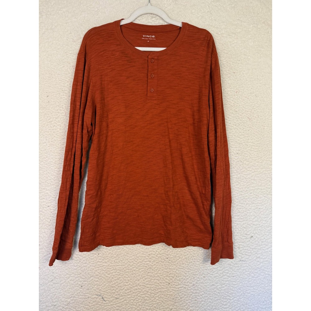 Vince Shirt Mens Medium Orange Cotton Henley Long Sleeve Button Placket